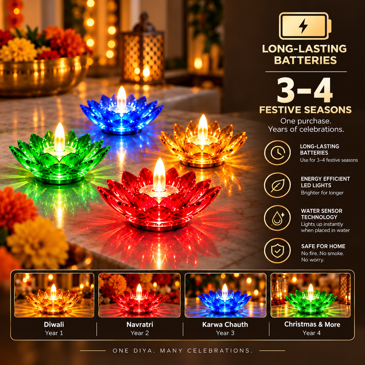 Lotus 3D Reflection Water Sensor Led Diya