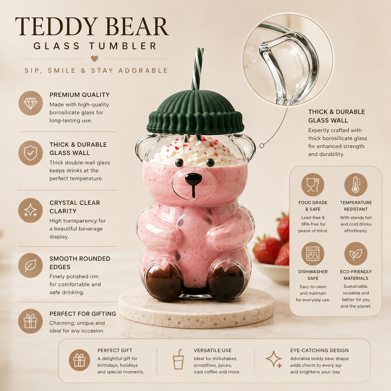 Premium Teddy Bear Glass Tumbler with Straw & Lid (550ML)