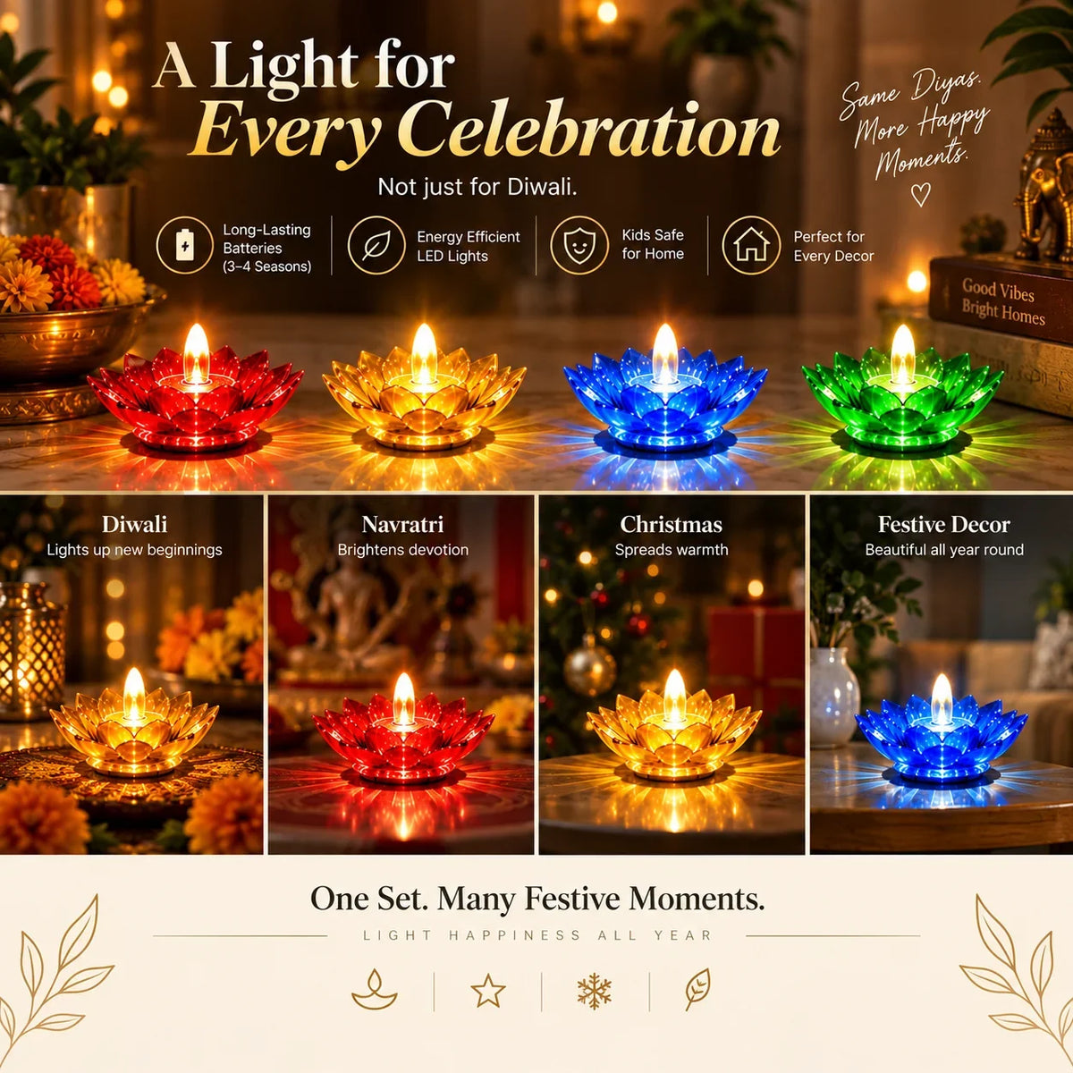 Lotus 3D Reflection Water Sensor Led Diya